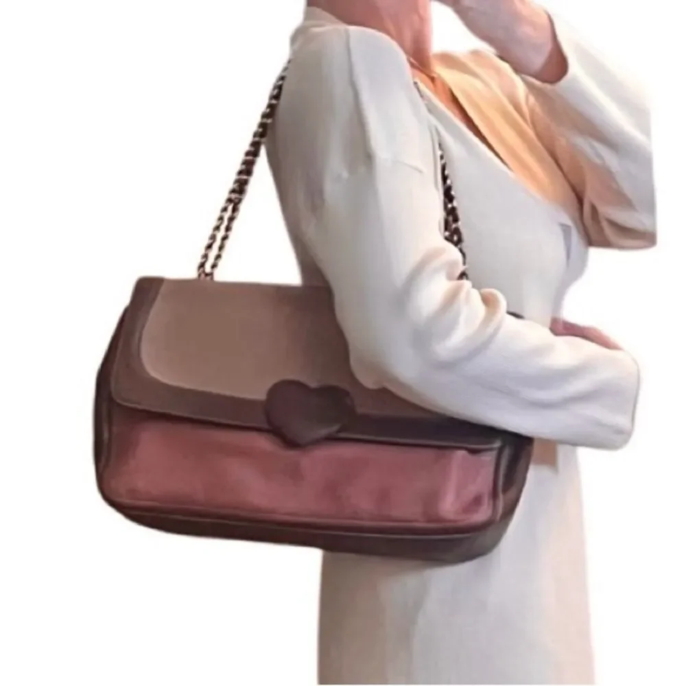 Moschino Brown Two-Tone Heart Flap Shoulder Bag